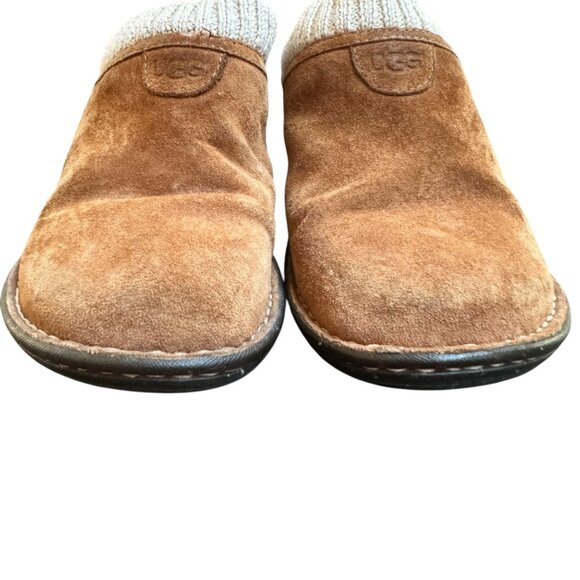 UGG Suede Slip-On Clogs Knit Trim Shearling Lining Chestnut Brown Outdoor Size 8 - Picture 3 of 10